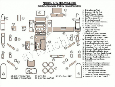 Декоративные накладки салона Nissan Armada 2004-2007 полный набор, Navigation система, без Overhead