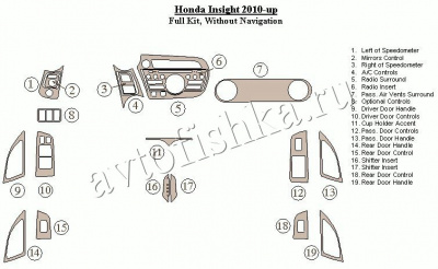Декоративные накладки салона Honda Insight 2010-н.в. полный набор, без навигации