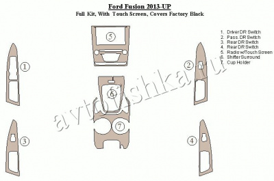 Декоративные накладки салона Ford Fusion 2013-н.в. Полный набор, С Touch screen, набор закрывает заводской черный пластик.