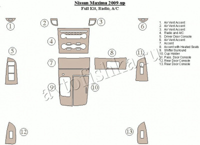 Декоративные накладки салона Nissan Maxima 2009-н.в. полный набор, Радио, A/C
