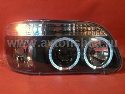 Ford Explorer (95-01) фары передние линзовые черные, со светящимися ободками и светодиодной подсветкой, комплект 2 шт.