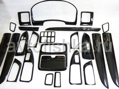 Toyota Land Cruiser Prado 120 (02-) накладки в салон автомобиля под дерево, цвет черный рояль (piano black), комплект 24 предмета.