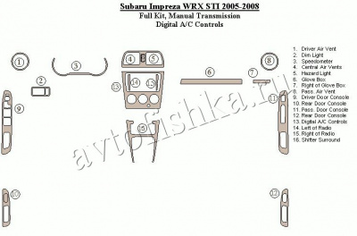 Декоративные накладки салона Subaru Impreza WRX 2005-2008 полный набор, Механическая коробка передач, авто AC Control