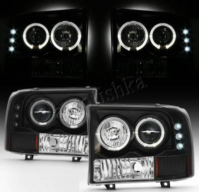 Ford Excursion (00-05) фары передние линзовые черные со светящимися ободками, со светодиодной подсветкой, комплект 2 шт.