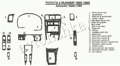Декоративные накладки салона Toyota 4 Runner 1996-1998 АКПП, 2WD, 21 элементов.