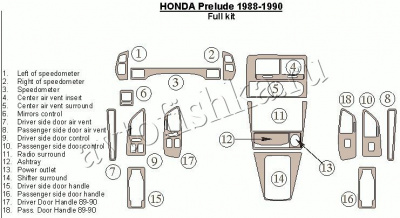 Декоративные накладки салона Honda Prelude 1988-1990 полный набор, 16 элементов.