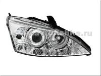 Ford Focus 1 (98-04) Europe+USA передние фары линзовые хромированные, со светящимися ободками, комплект 2 шт.