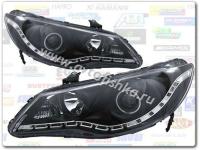 Honda Civic VIII (2006-) фары передние линзовые черные, со светящимися ободками и светодиодной подсветкой, комплект 2 шт.
