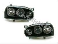 Volkswagen Golf 3 (92-98) передние линзовые фары черные, со светящимися ободками, комплект 2 шт.