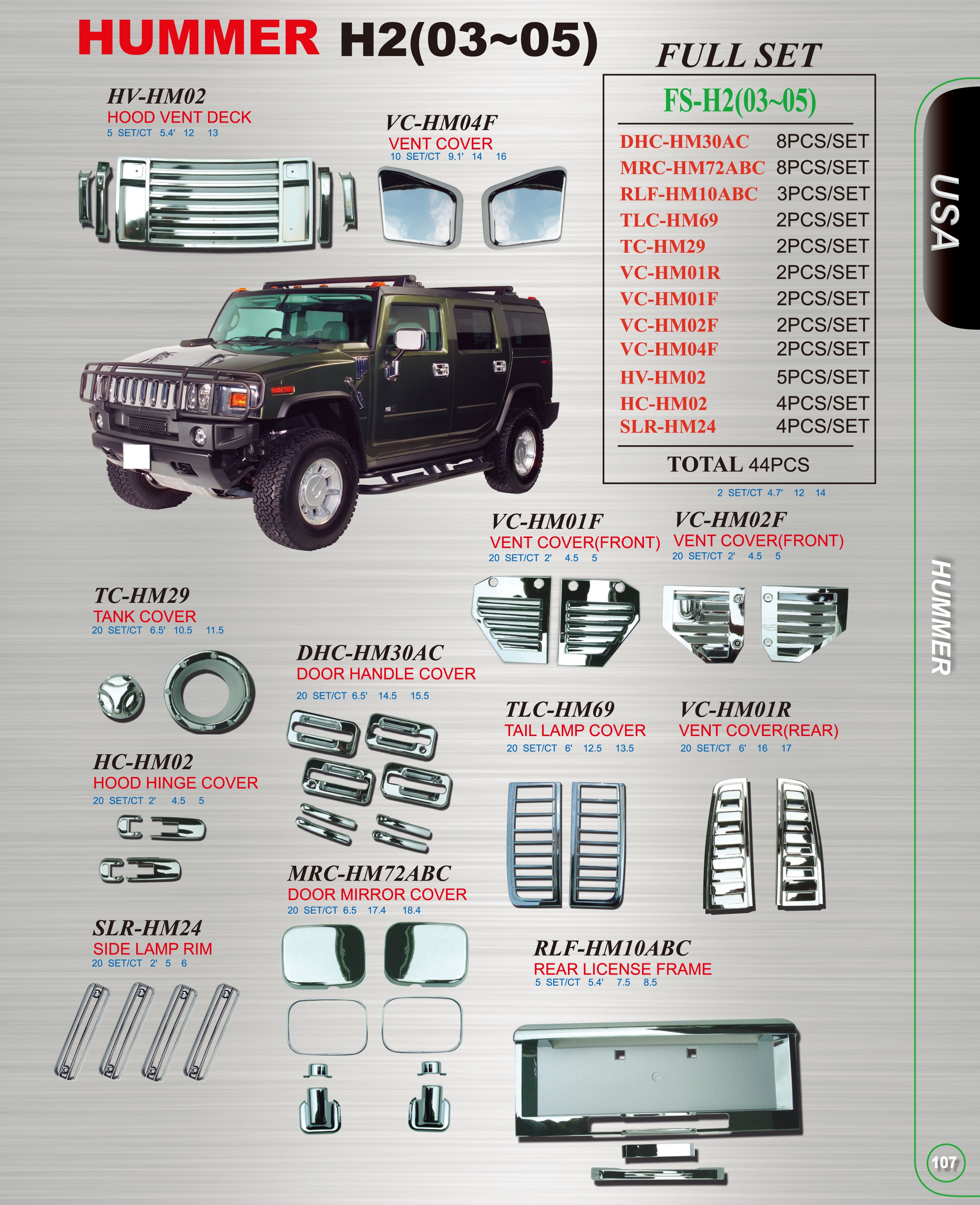 Hummer H2 (02-05) полный хром пакет, хромированные декоративные накладки,  комплект 44 предмета. купить в Москве - Автофишка