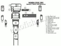 Декоративные накладки салона Honda Civic 2001-2001 ручной, 2 двери, с перчаточный ящик, 17 элементов.