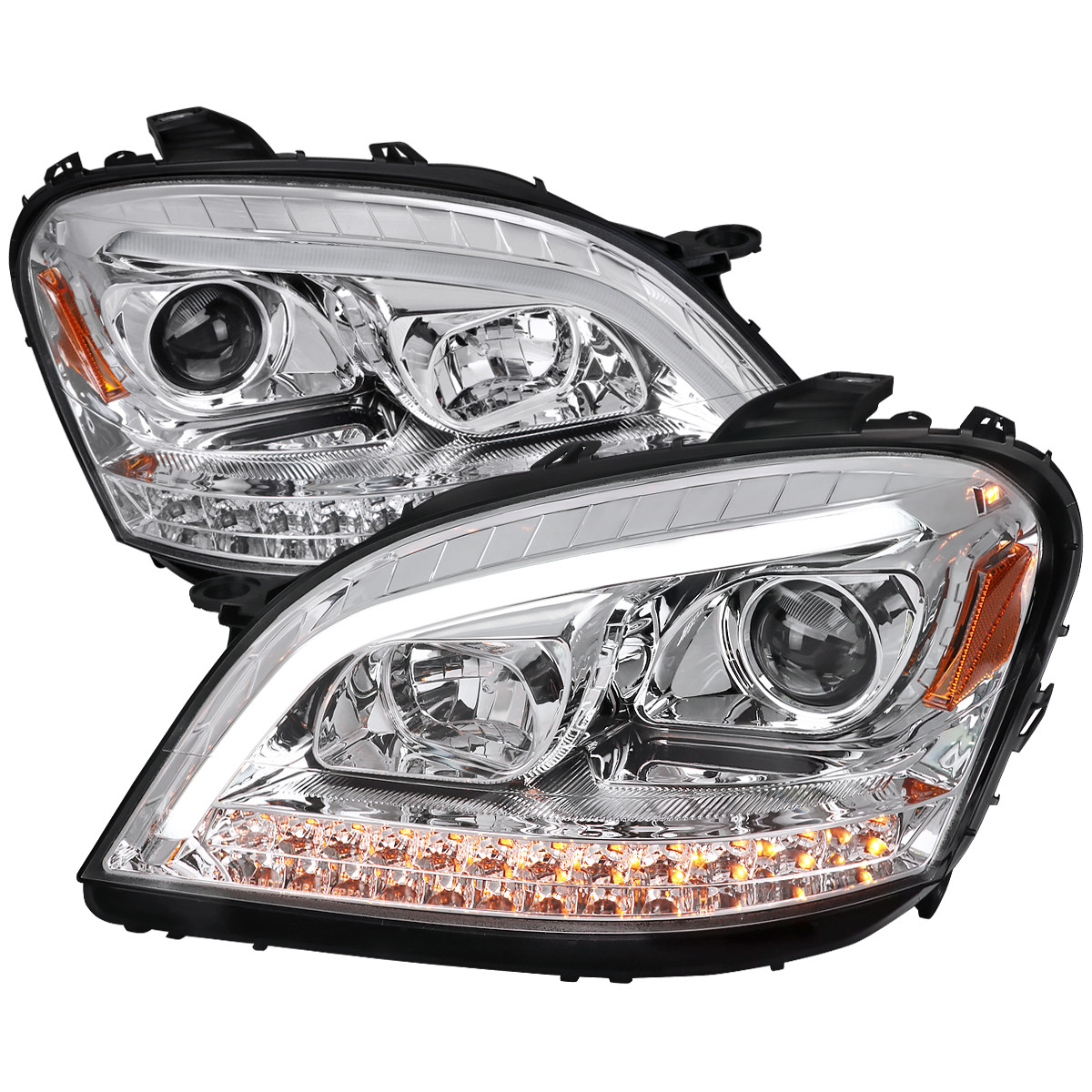 Передние линзованные фары Mercedes-Benz ML W164 2006–2008, хром, комплект