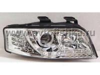 Audi A6 4B,C5 (01-03) фары передние хромированные, со светящимися ободками, линзовые cветодиодные c DRL