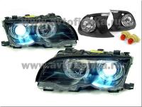 BMW 3 E46 (98-01) купе передние линзовые черные фары, со светящимися ободками, с поворотниками, с мотором электрокорректора, комплект лев.+прав.