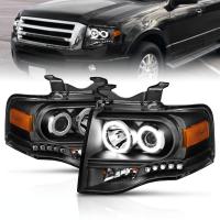 Ford Expedition (07-14) фары передние линзовые черные, с ангельскими глазками и ДХО