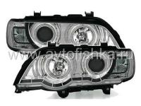 BMW X5 E53 (98-03) передние фары хромированные со светящимися ободками с подсветкой DRL, линзовые под ксенон