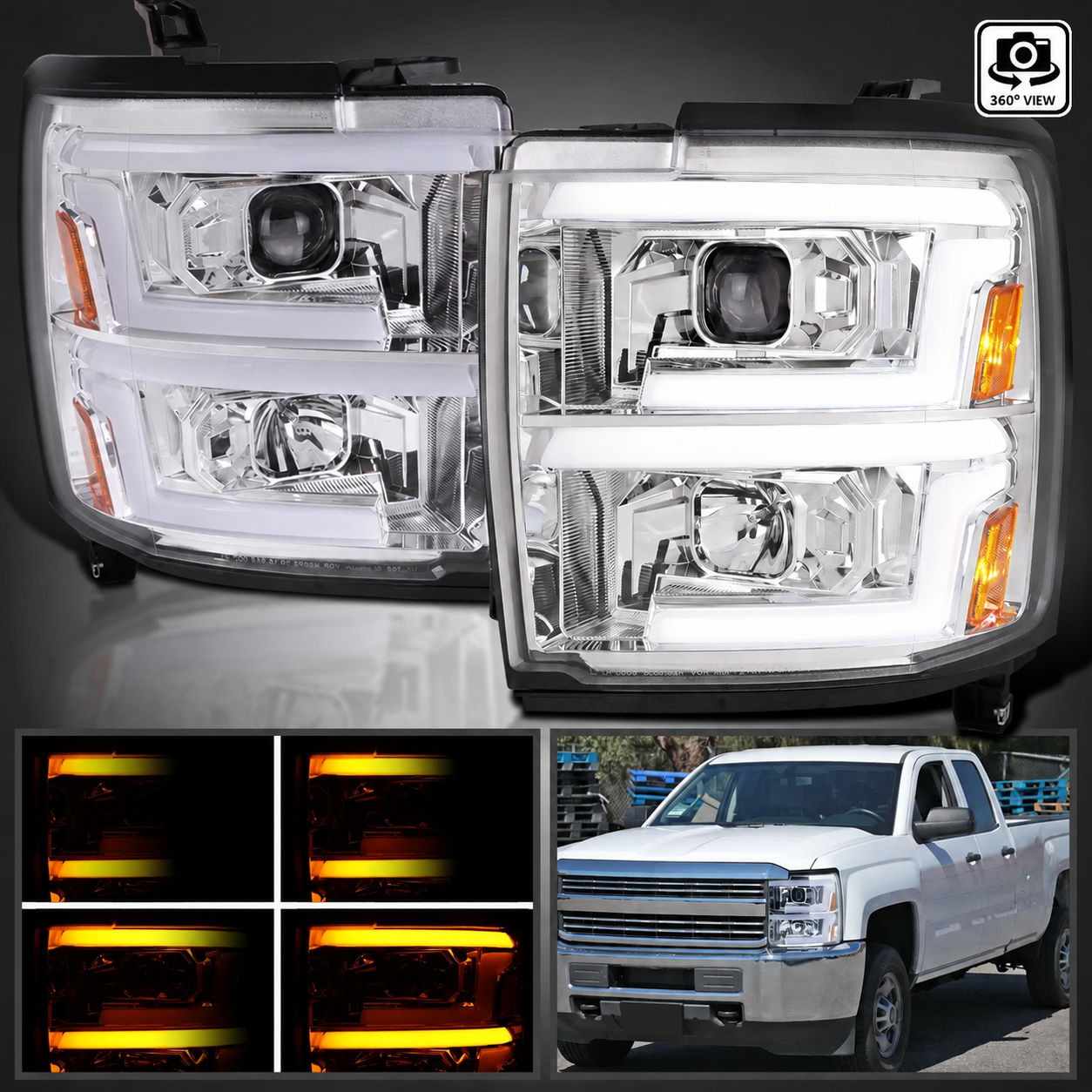Передние фары Chevrolet Silverado 2500/3500 2015–2019, хромированный корпус, комплект