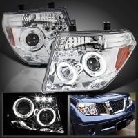 Nissan Pathfinder III, Navara (05-10) фары передние линзовые хромированные, со светящимися ободками, комплект 2 шт.