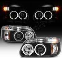 Ford Explorer (95-01) фары передние линзовые черные, со светящимися ободками и светодиодной подсветкой, комплект 2 шт.