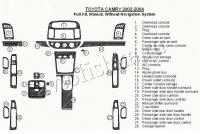 Декоративные накладки салона Toyota Camry 2002-2004 полный набор, Механическая коробка передач, без навигации система, без OEM