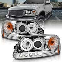 Ford Expedition (96-03) фары передние линзовые хромированные, со светящимися ободками и светодиодной подсветкой, комплект 2 шт.