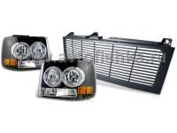 Chevrolet Tahoe, Suburban, Silverado (99-06) тюнинг комплект - фары передние черные, со светящимися ободками и решетка радиатора черная, установочный комплект