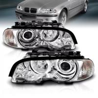 BMW 3 E46 (98-01) купе фары передние линзовые хромированные, со светящимися ободками, с поворотниками, с мотором электрокорректора, комплект лев.+прав.