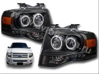 Ford Expedition (07-) фары передние линзовые черные, со светящимися ободками и светодиодной подсветкой, комплект 2 шт.
