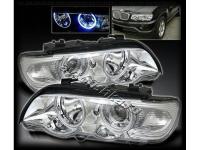 BMW X5 (98-03) фары передние линзовые хромированные, со светящимися ободками, светодиодами, с белыми поворотниками, комплект 2 шт.