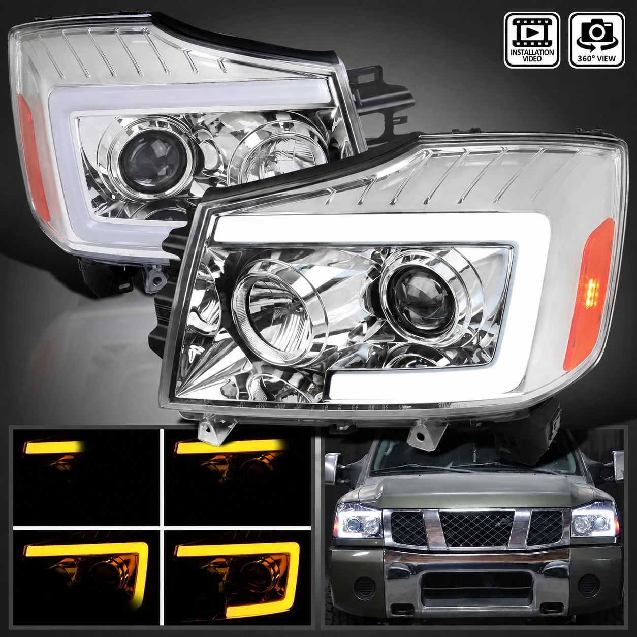 Передние фары Nissan Titan и Armada 2004–2015, хромированный корпус, комплект