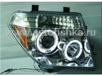 Nissan Pathfinder III, Navara (05-10) фары передние линзовые хромированные, со светящимися ободками, комплект 2 шт.