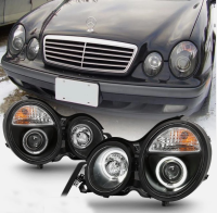 Mercedes E W210 (95-99) фары передние линзовые черные, с ангельскими глазками