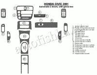 Декоративные накладки салона Honda Civic 2001-2001 АКПП, 2 двери, с перчаточный ящик, 17 элементов.