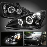 Ford Focus 1 (2000-2004) передние фары линзованные черные, с ангельскими глазками