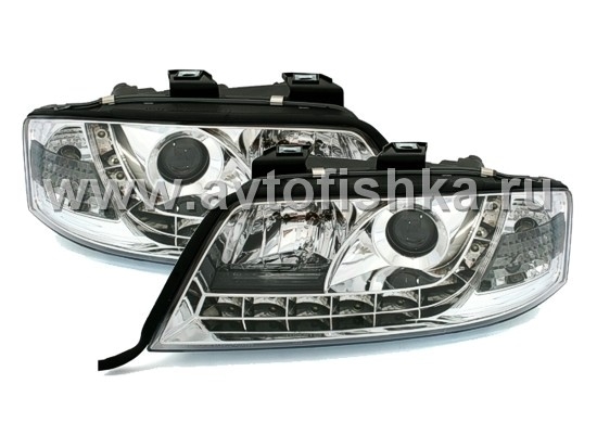 Audi A6 (01-03) фары передние линзовые хромированные, со светодиодной подсветкой, комплект 2 шт.