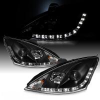 Ford Focus 1 (2000-2004) передние фары линзованные черные, со светодиодной подсветкой ДХО