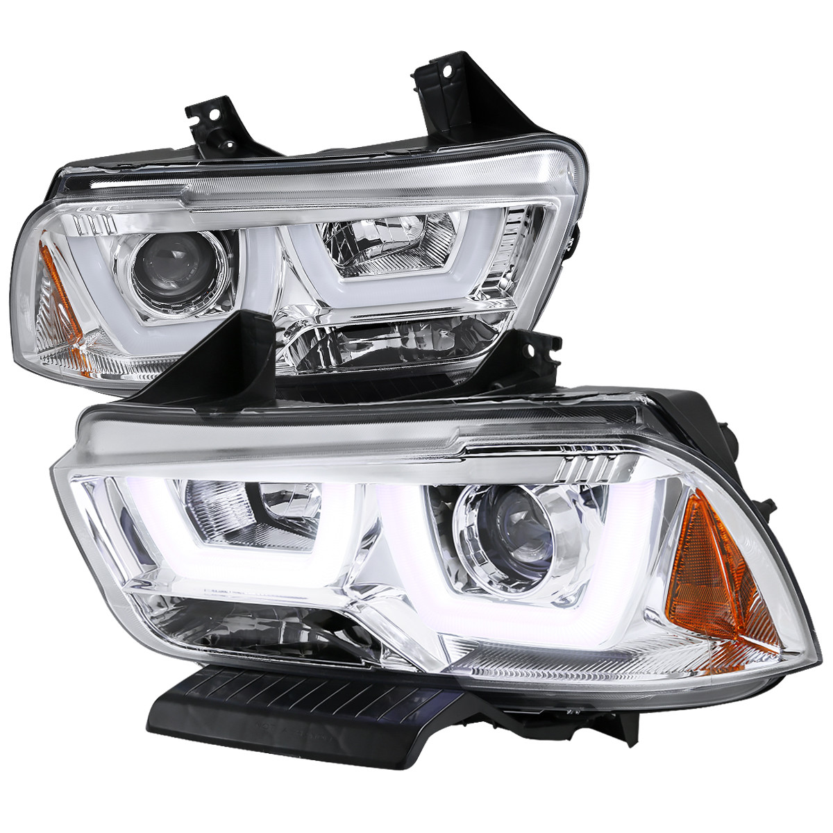 Передние линзованные фары Dodge Charger 2011–2014 с LED-дугами, хром, комплект