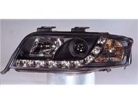 Audi A6 (97-01) фары передние линзовые, черные с нижней DRL светодиодной подсветкой, комплект 2 шт.