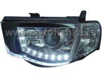 Mitsubishi L200 Triton (05-) передние линзовые хромированные фары, с нижней ДХО подсветкой, комплект 2 шт.