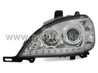 Mercedes ML W163 (98-05) фары передние линзовые хромированные, со светящимися ободками и с нижней светодиодной подсветкой, с мотором электрокорректора, комплект 2 шт.
