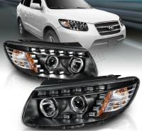 Hyundai Santa Fe (06-) линзовые передние фары, со светящимися ободками, с моторами корректора, тюнинговые, комплект 2 шт.