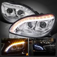 Mercedes S W220 (98-05) фары передние линзовые хромированные, с подсветкой DRL