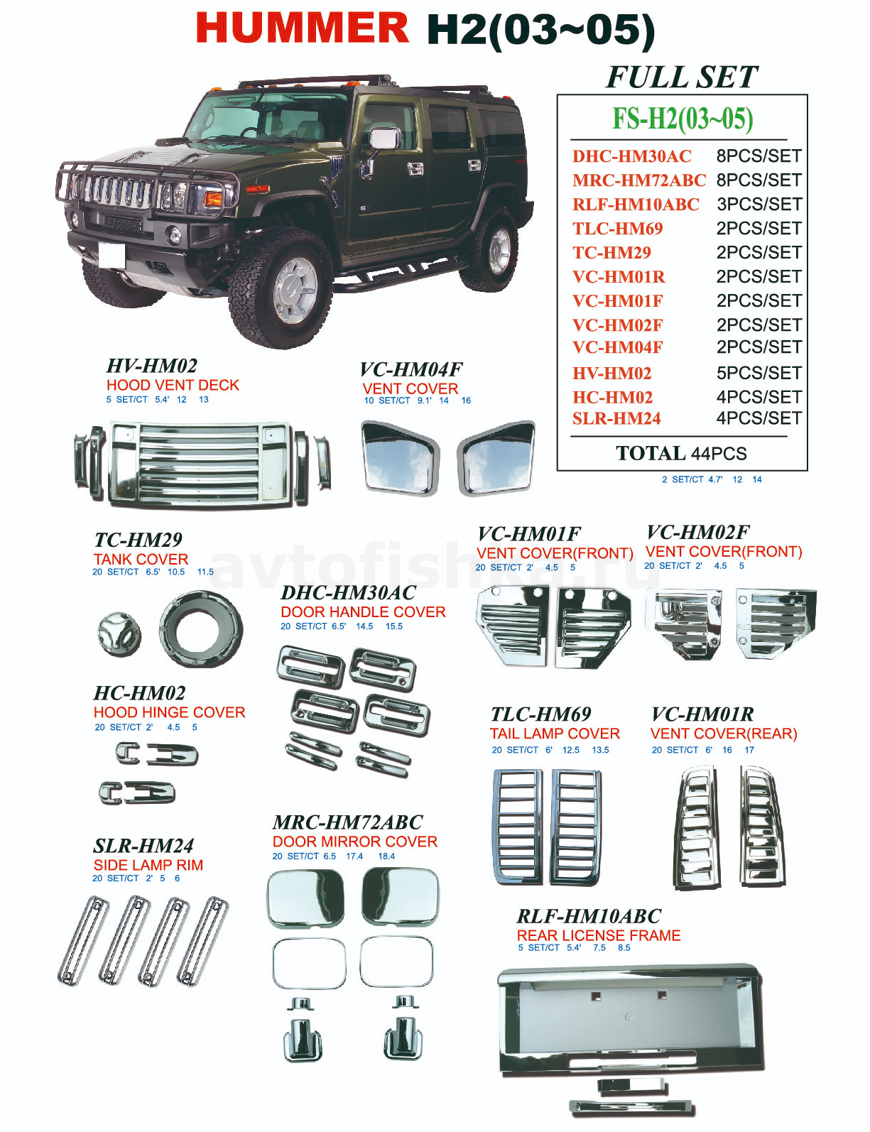 Hummer H2 (02-05) полный хром пакет, хромированные декоративные накладки,  комплект 44 предмета. купить в Москве - Автофишка