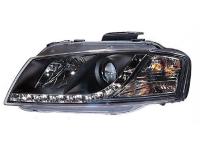 Audi A3 (03-08) передние линзовые черные фары, со светодиодной подсветкой, с электрокорректором, комплект 2 шт.