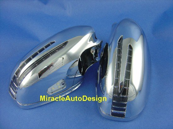 Mercedes W219, W221 (05-09) корпуса боковых зеркал полностью хромированные, с поворотниками "СТРЕЛА" и подсветкой Welcome, комплект 2 шт.
