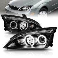 Ford Focus 2 (05-07) передние линзовые фары с ангельскими глазками, черные