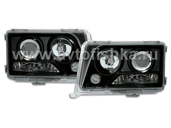 Mercedes W124 (84-93) фары передние линзовые, черные, прозрачные стекла, комплект 2 шт.