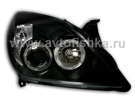 Opel Vectra C (05-) передние линзовые черные фары со светящимися ободками, под электрокорректор, комплект 2 шт.