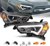 Toyota 4Runner (2014-2022) передние фары тёмно-серые линзованные с LED DRL