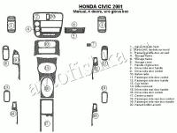 Декоративные накладки салона Honda Civic 2001-2001 ручной, 4 двери, без перчаточный ящик, 20 элементов.